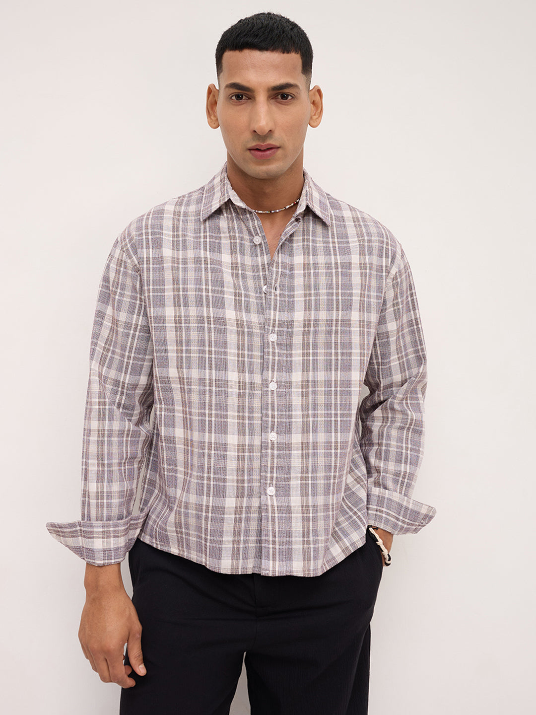 Ivory & Maroon Dual Line Checks Boxy Fit Crop Shirt