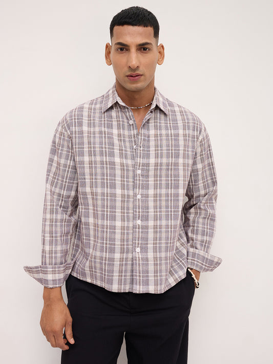 Ivory & Maroon Dual Line Checks Boxy Fit Crop Shirt