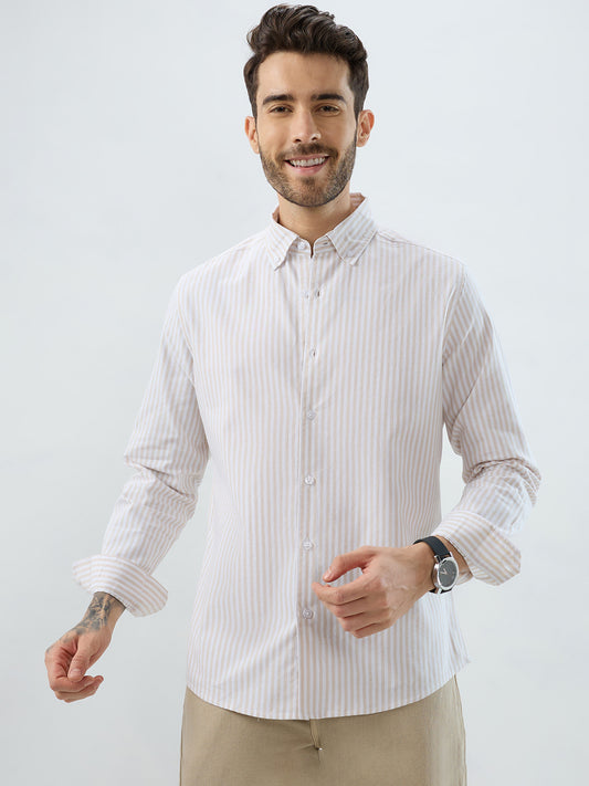 Natural Beige Candy Striped Oxford Button-Down Business Shirt