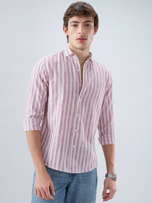 Cerise Pink & Ivory Balanced Striped Linen Blend Shirt