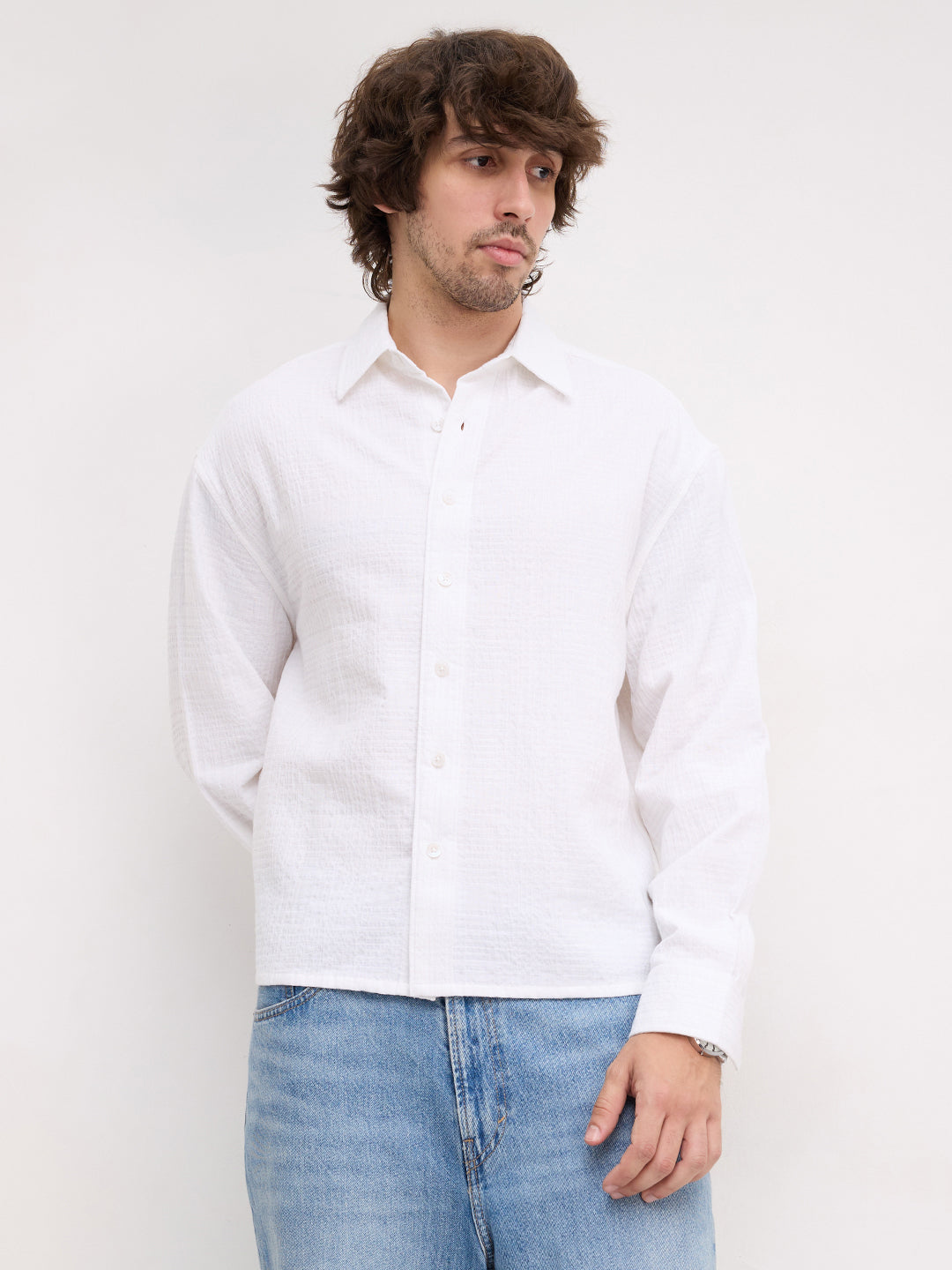 Intricate Pearl White Geometric Textured Boxy Fit Crop Shirt