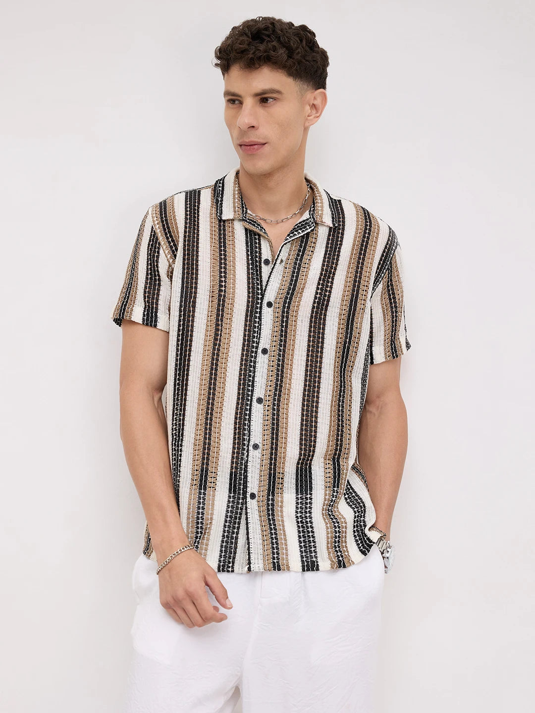 White Boho Weave Striped Crochet Shirt