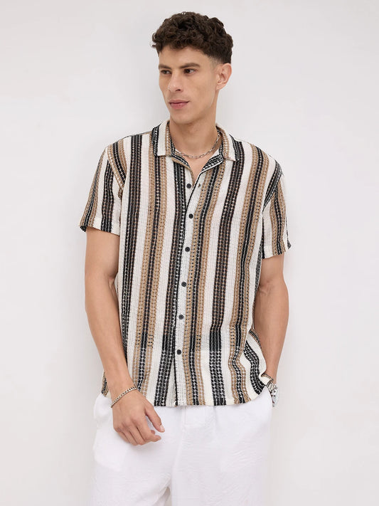 White Boho Weave Striped Crochet Shirt