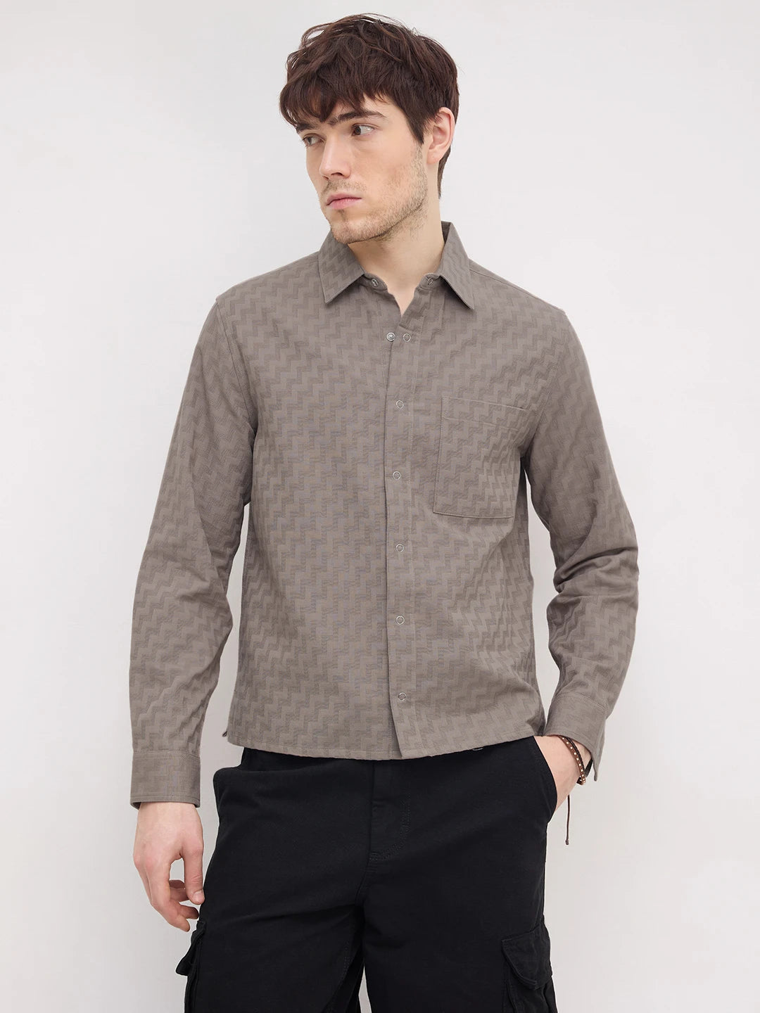 Distinctive Grey Maze Textured Straight Hem Crop Shirt