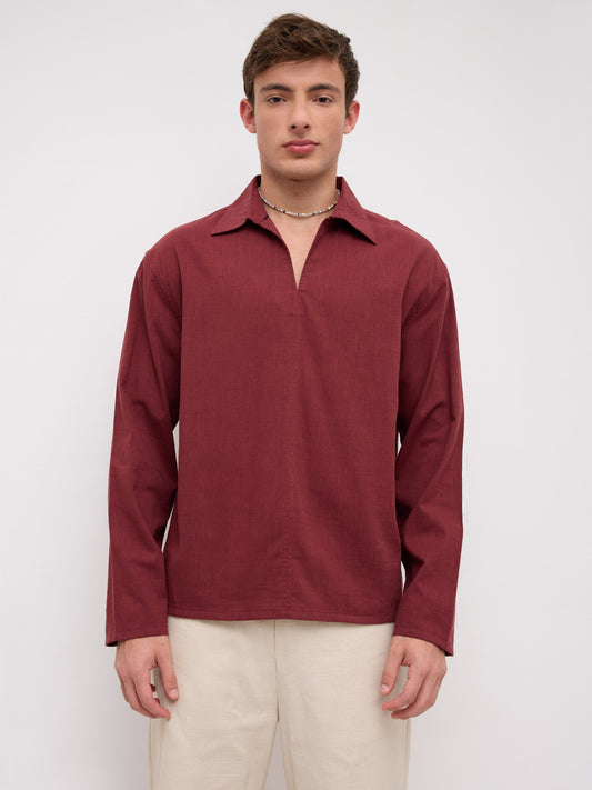 Maroon Slub Textured Center Seam Oversized Polo Shirt