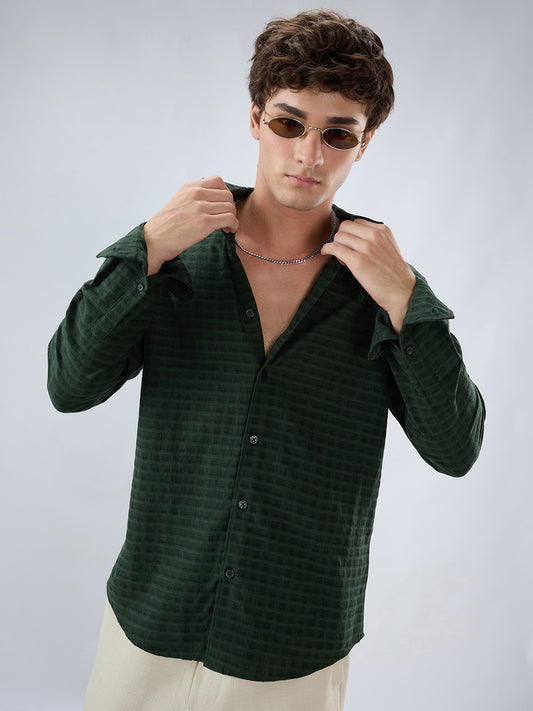 Emerald Green Horizontal Jacquard Striped Shirt