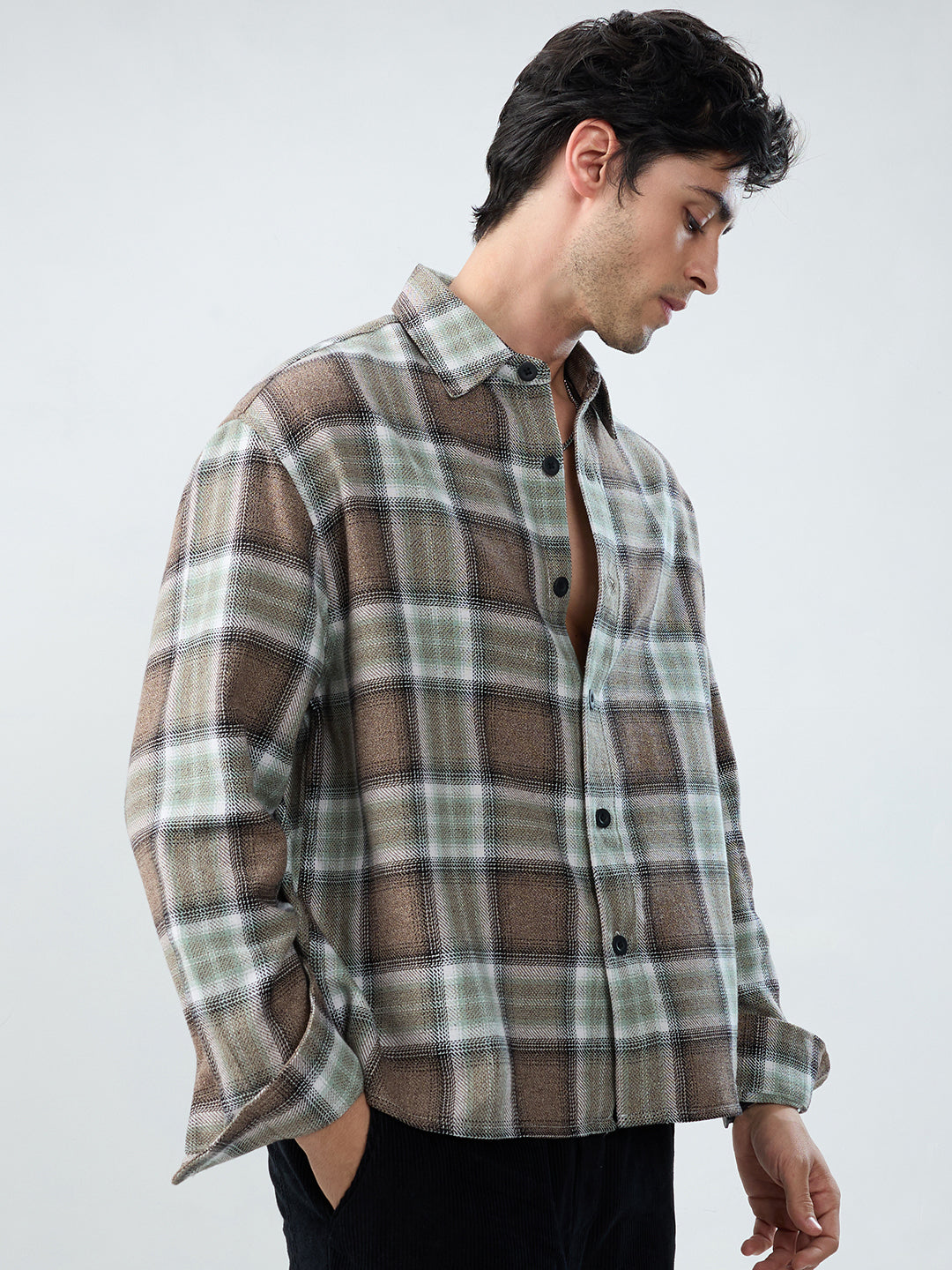 Brown & Olive Retro Contrast Checks Boxy Fit Crop Shirt