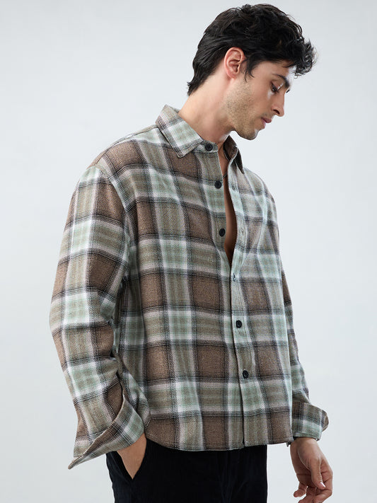 Brown & Olive Retro Contrast Checks Boxy Fit Crop Shirt