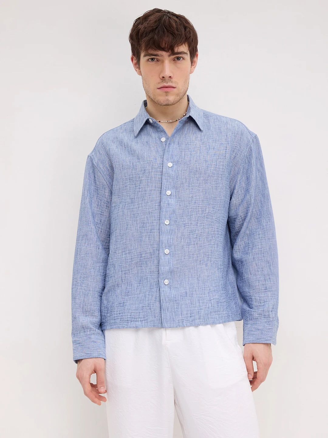 Royal Blue Textured Boxy Fit Crop Shirt