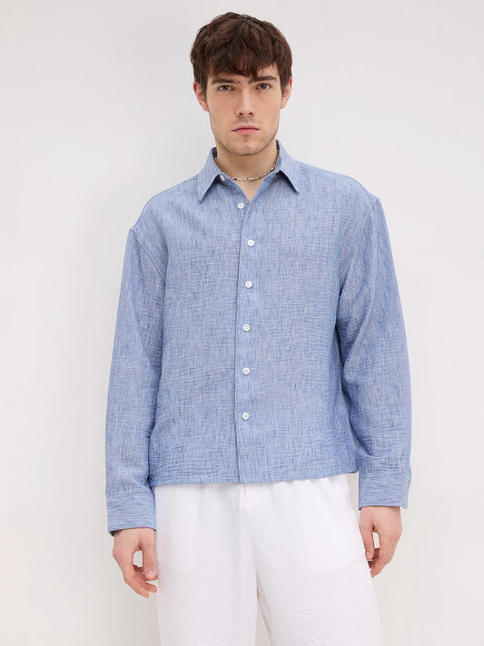 Royal Blue Textured Boxy Fit Crop Shirt