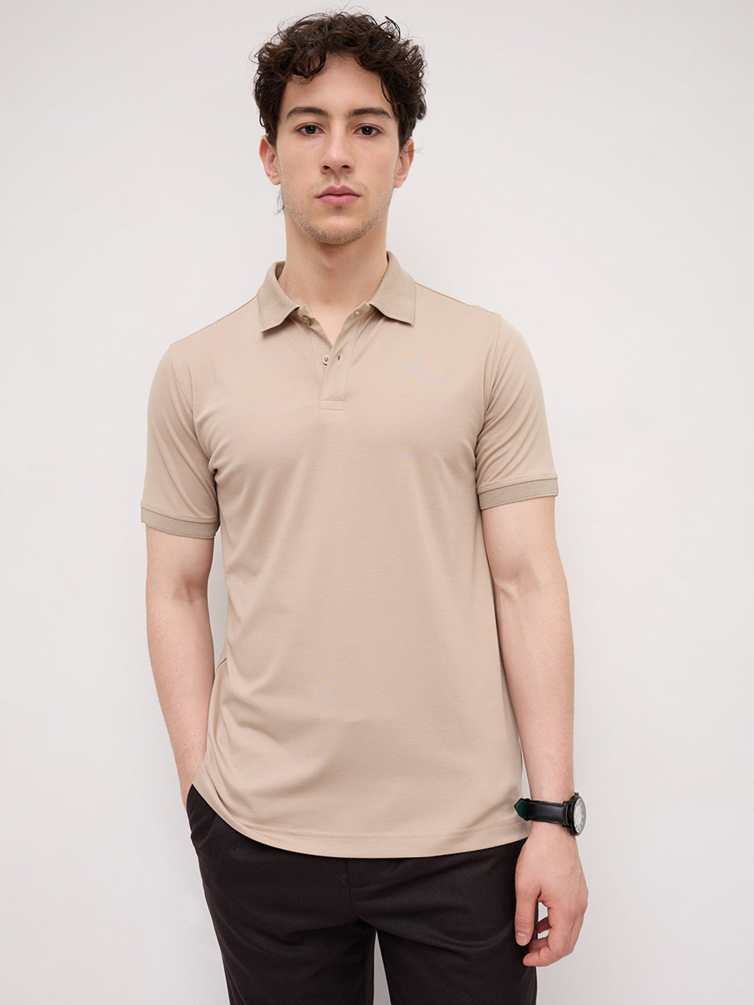 Soft Beige Honeycomb Polo Knit T-Shirt