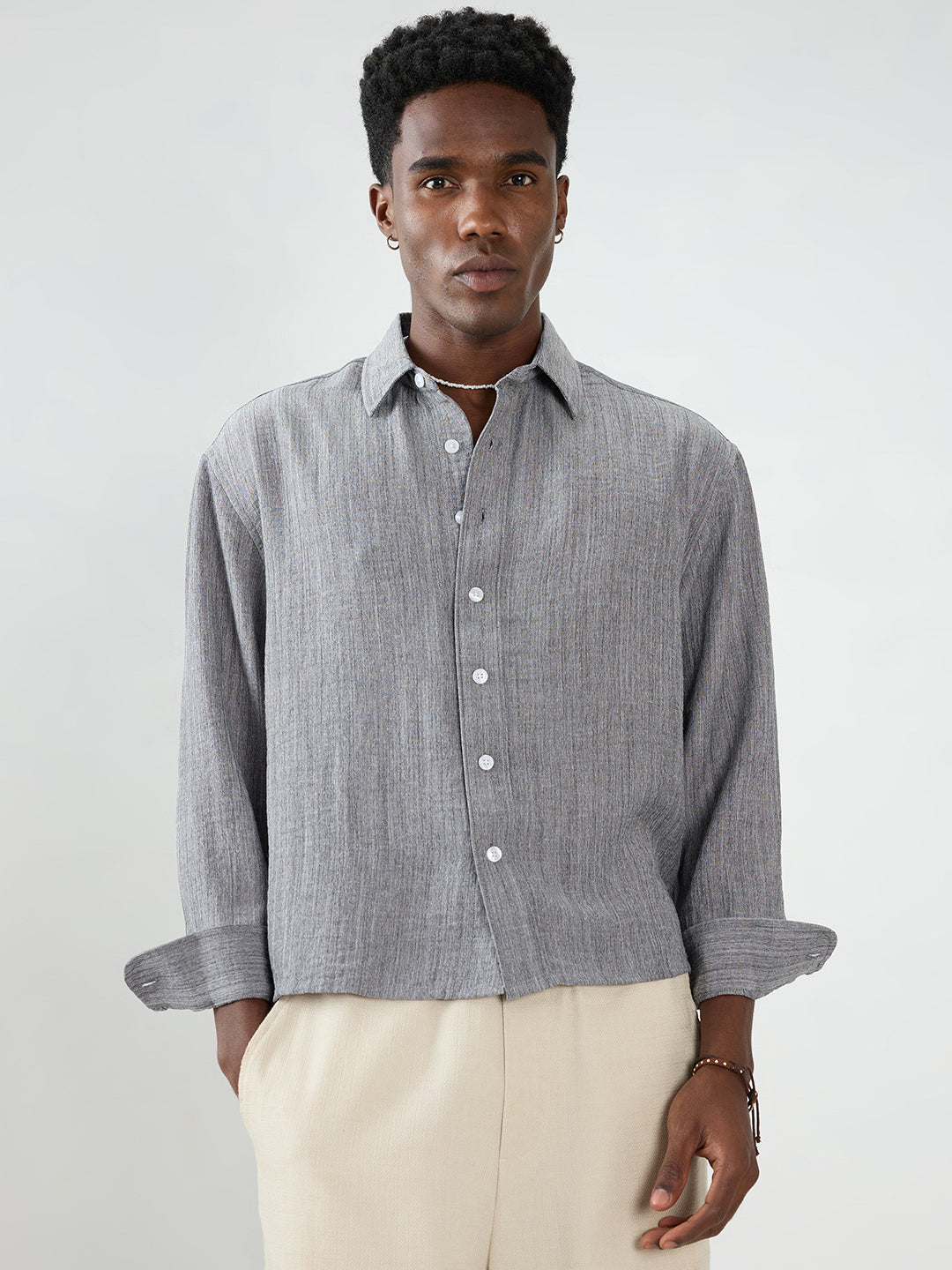 Grey Textured Boxy Fit Crop Shirt