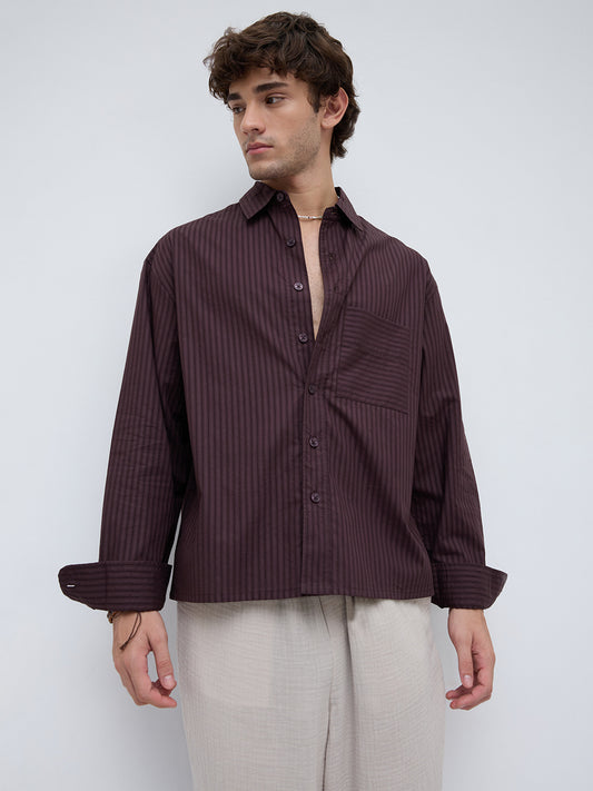Plush Brunette Brown Subtle Striped Boxy Fit Crop Shirt