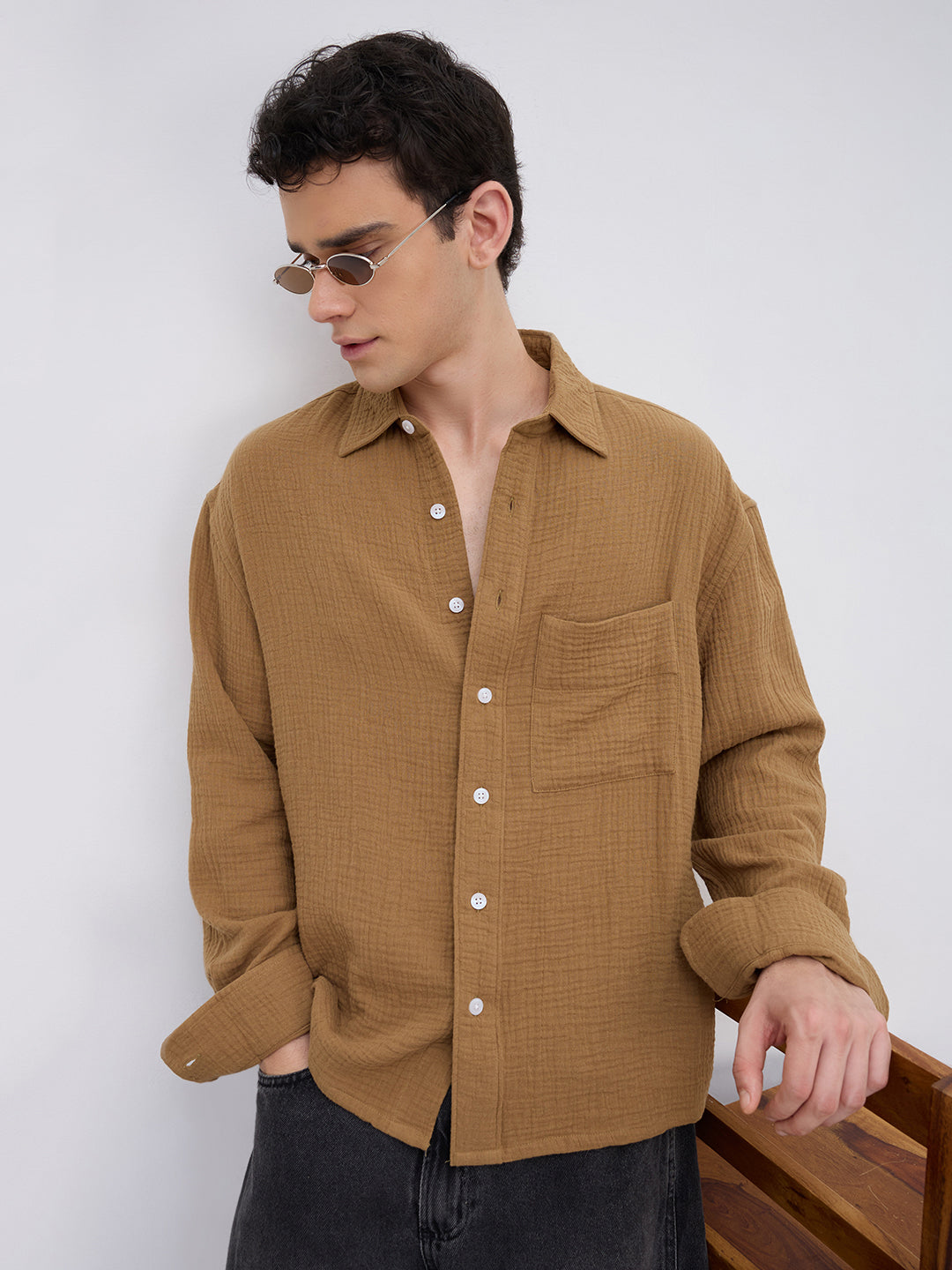 Timeless Tan Brown Double Cloth Boxy Fit Crop Shirt