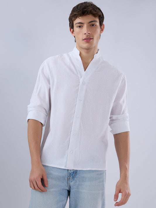 Pure White Linen Blend Stand Collar Oversized Shirt