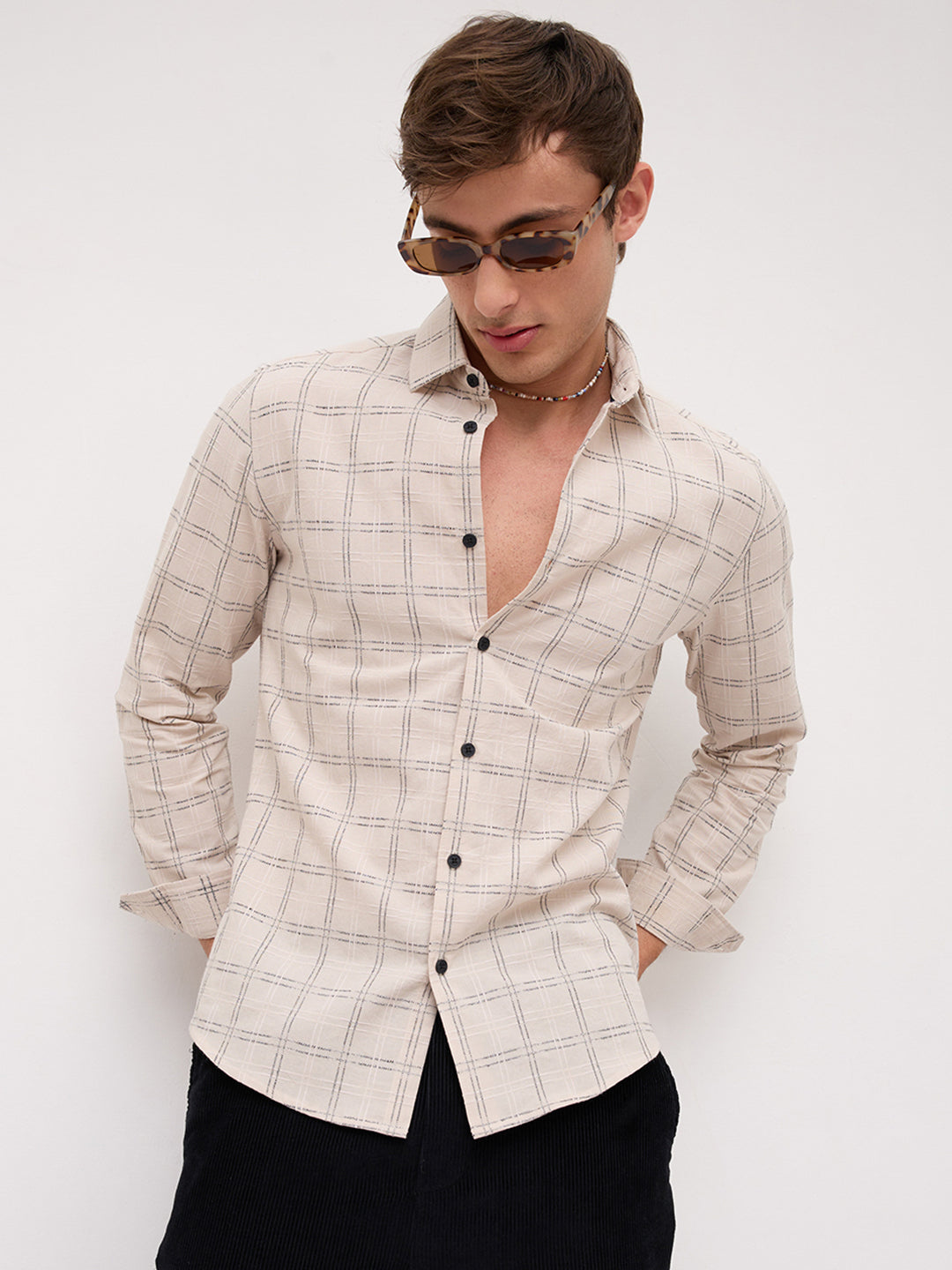 Beige & Black Gridline Graph Textured Checks Shirt