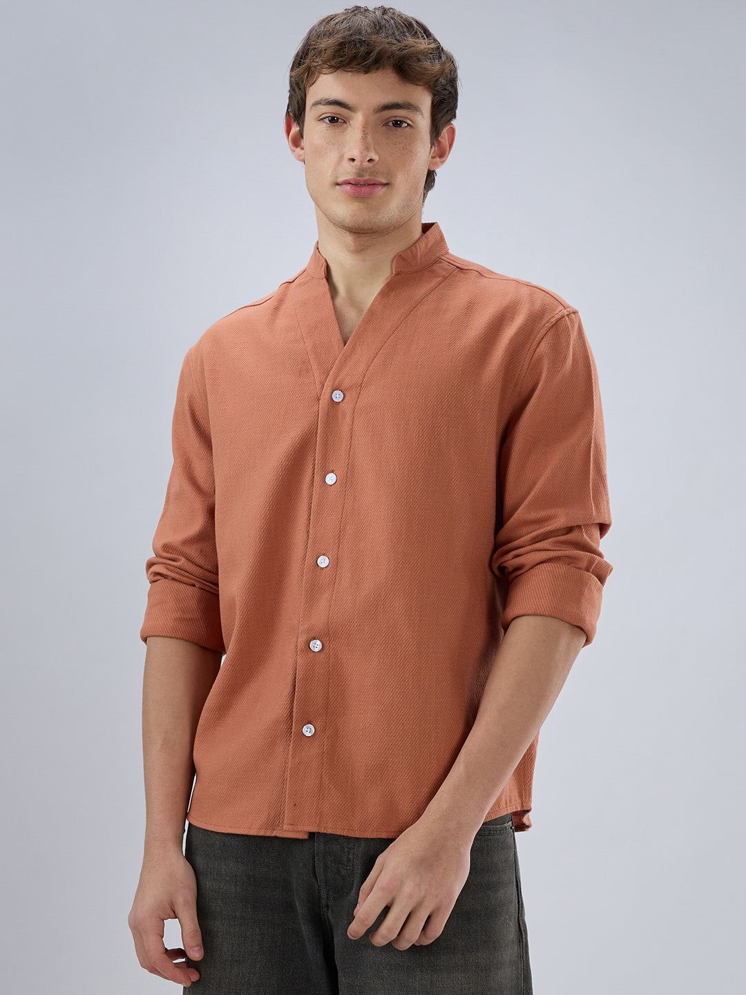 Soft Cider Orange Diagonal Textured Stand Collar Oversized Shirt