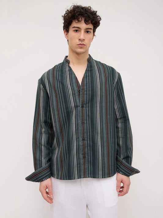Evergreen Multi-Striped Stand Collar Oversized Shirt