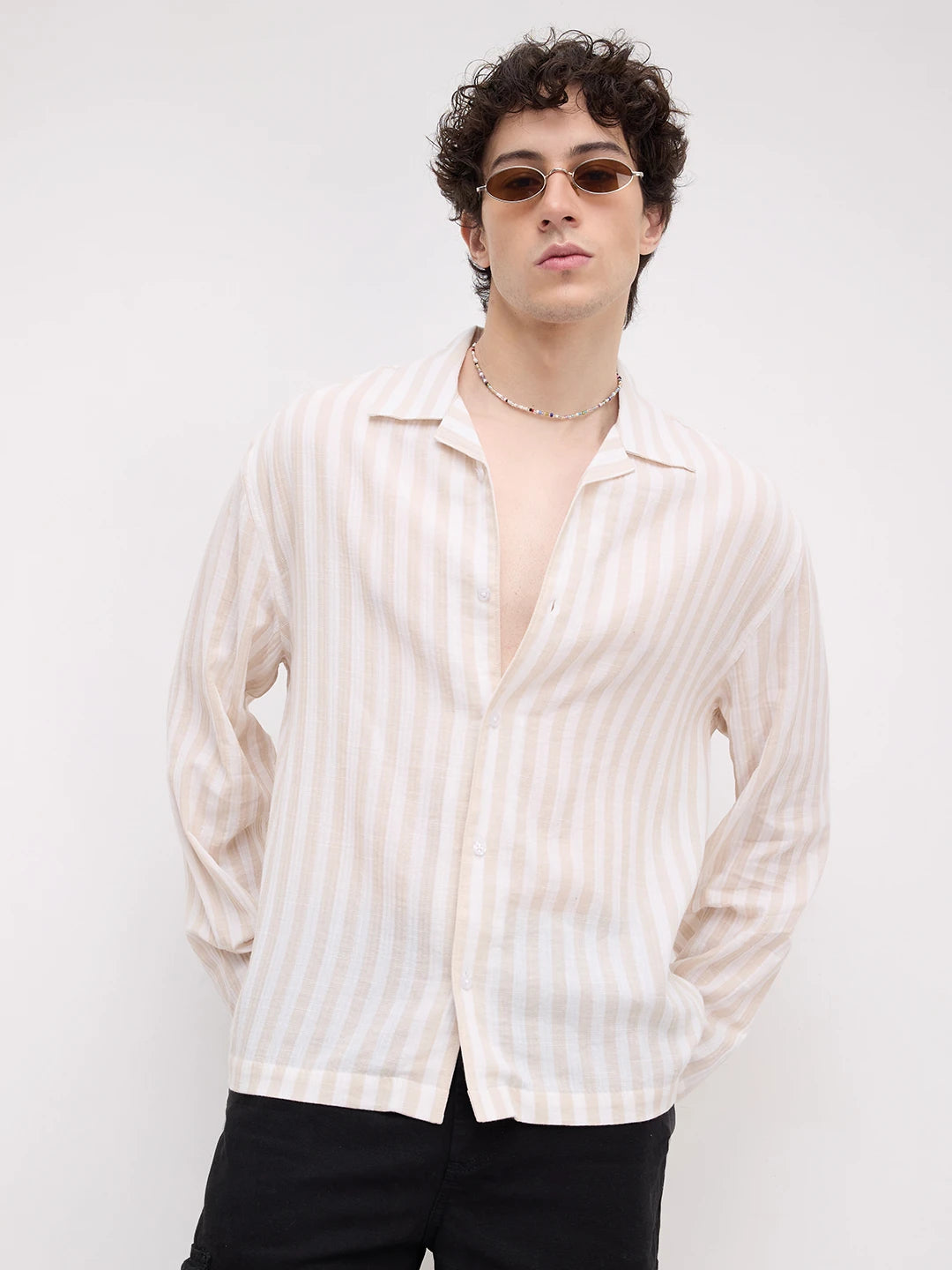Bisque Beige Candy Striped Notch Collar Oversized Shirt