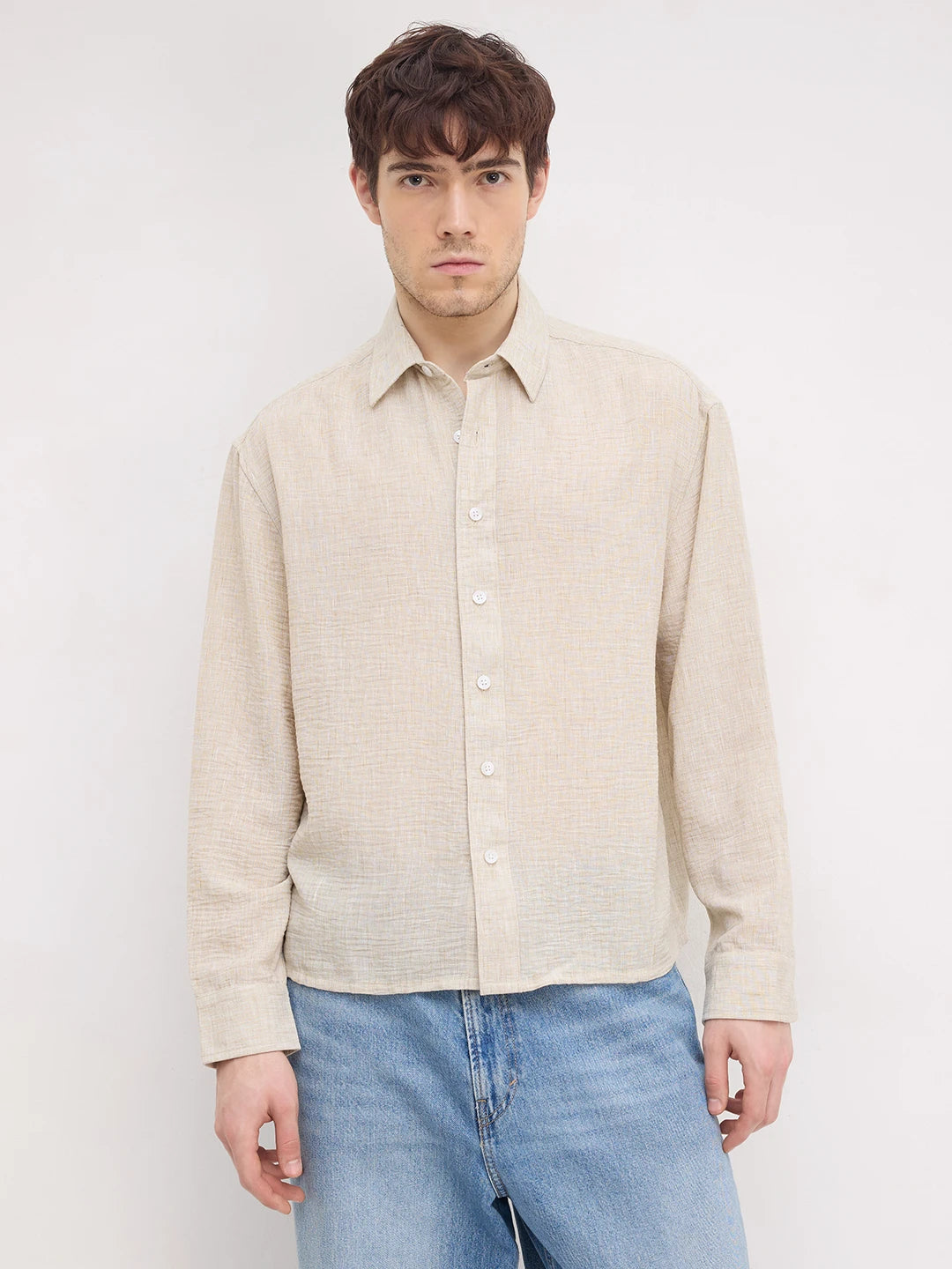 Natural Beige Textured Boxy Fit Crop Shirt