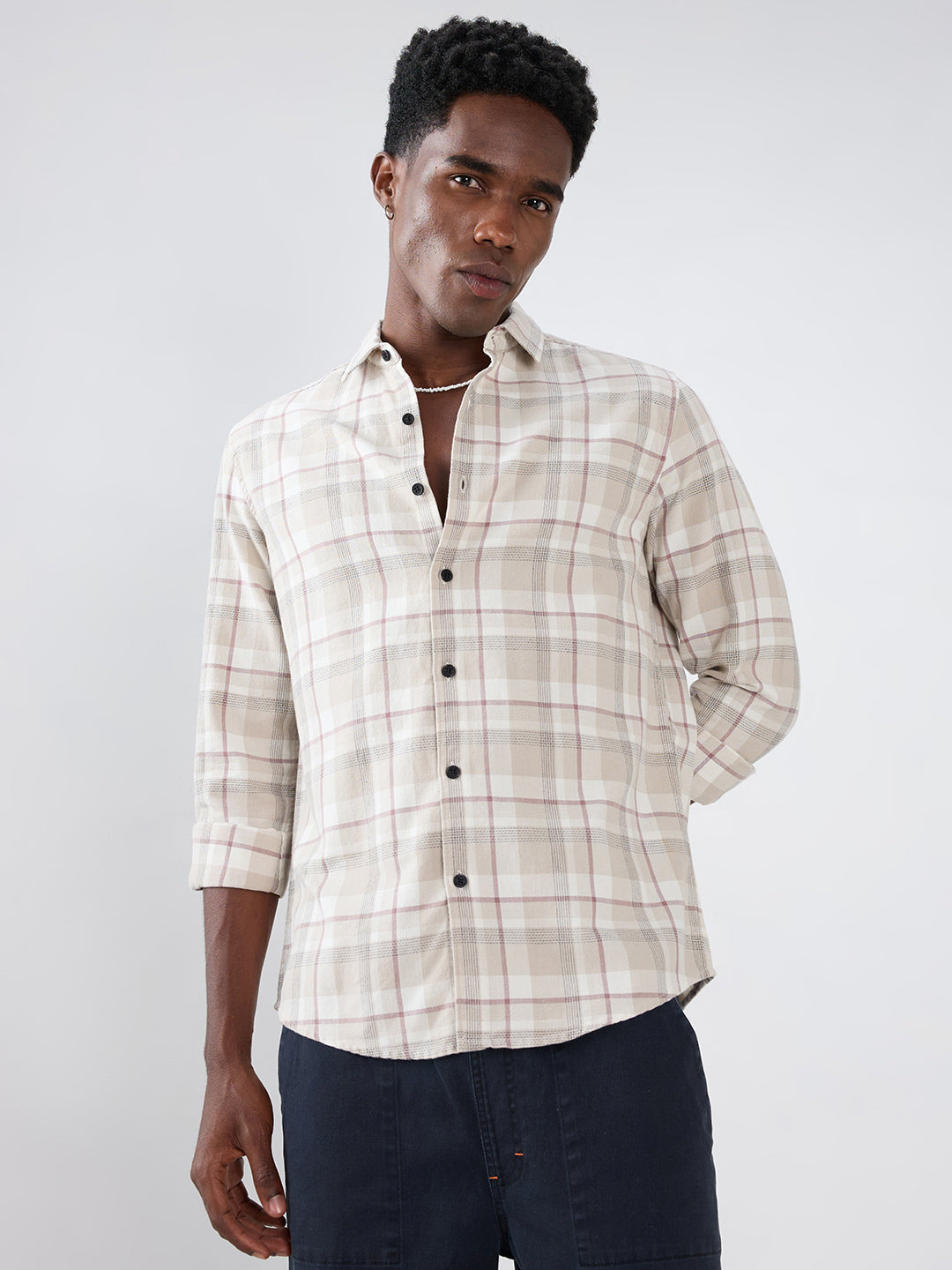 Beige Micro Herringbone Windowpane Checks Shirt