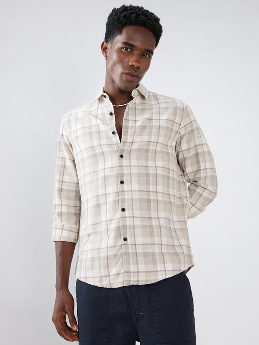 Beige Micro Herringbone Windowpane Checks Shirt