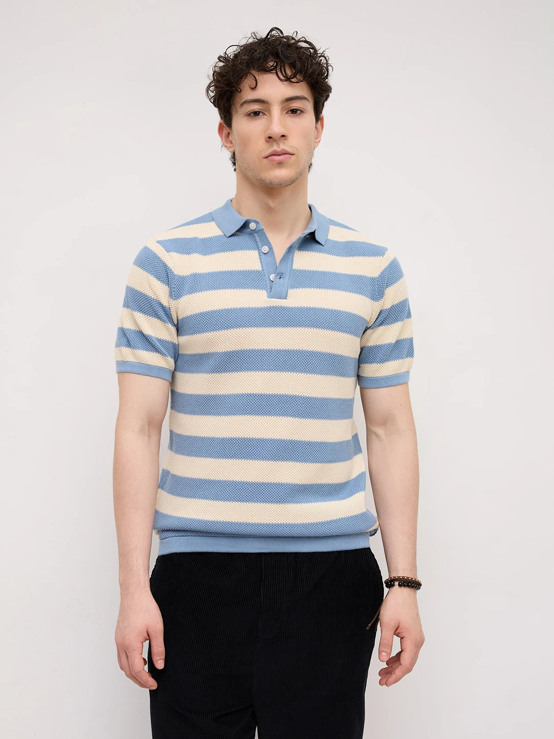 Blue & White Coastal Striped Flat Knit Polo T-Shirt
