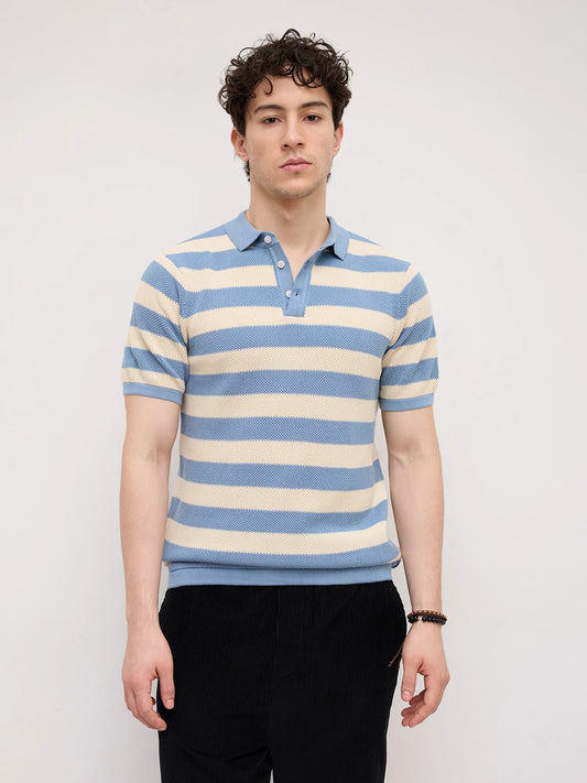 Blue & White Coastal Striped Flat Knit Polo T-Shirt