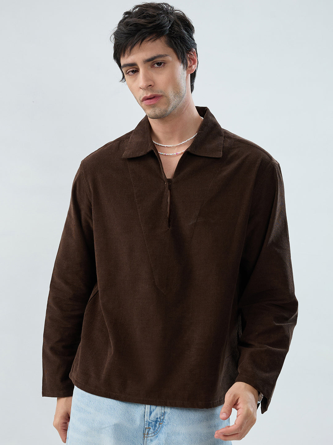Carob Brown Corduroy Cuffless Oversized Shirt – Vastrado