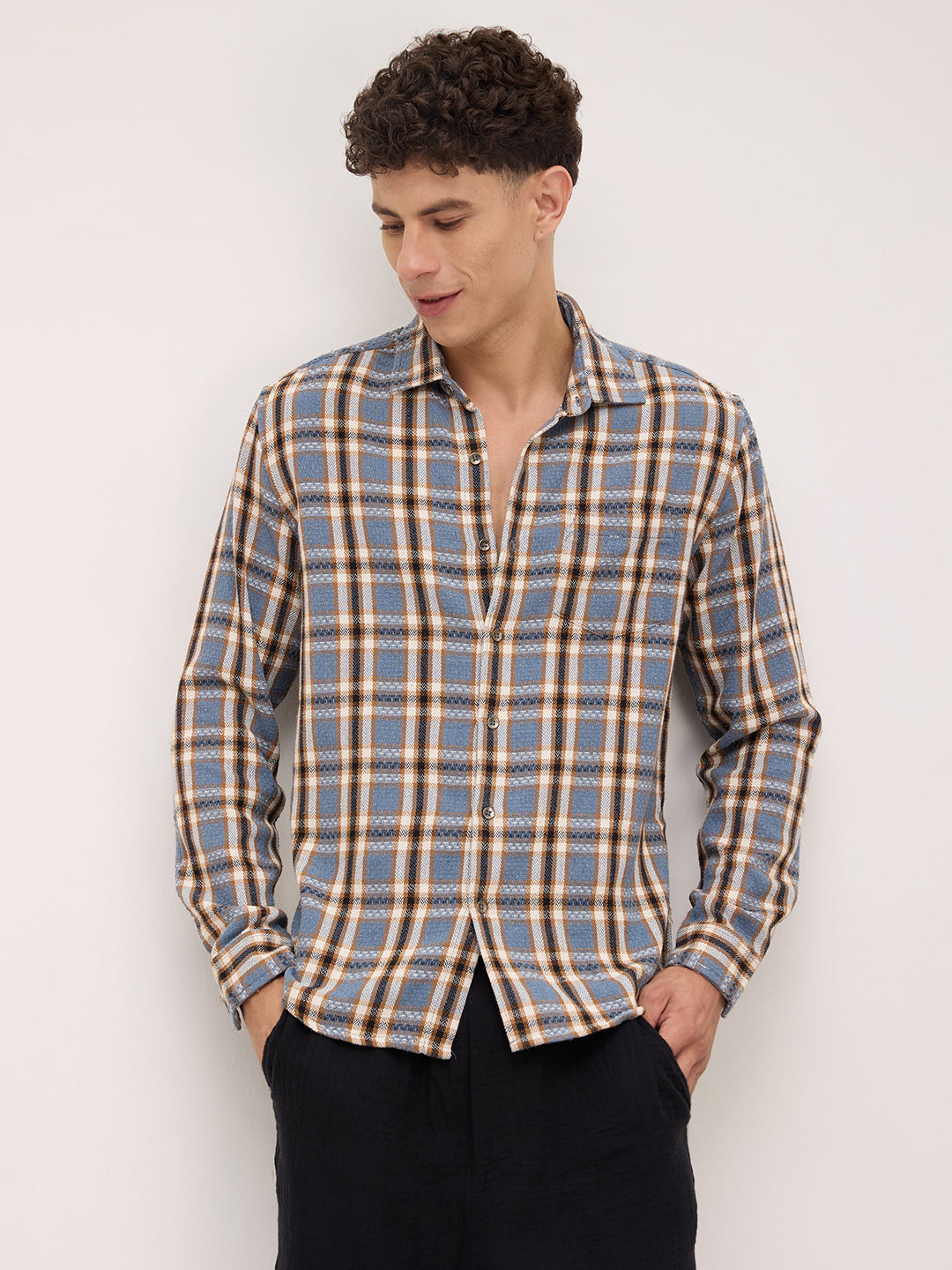 Ocean Blue Chevron Checkered Woven Shirt