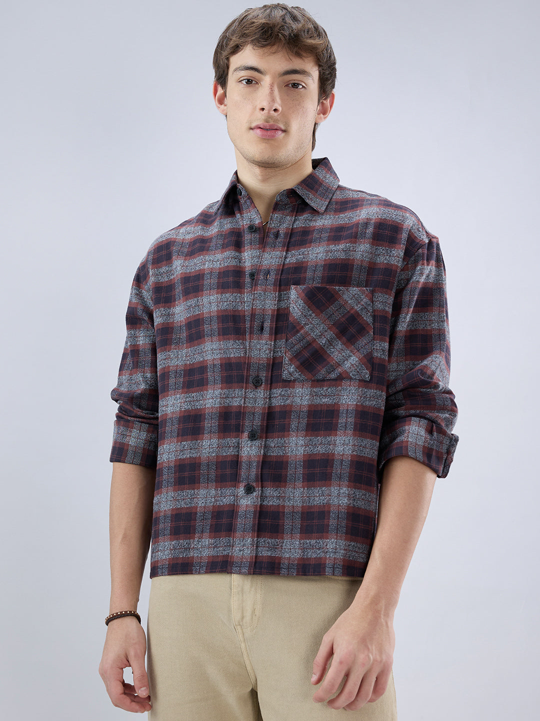 Brown & Black Boxy Fit Crop Flannel