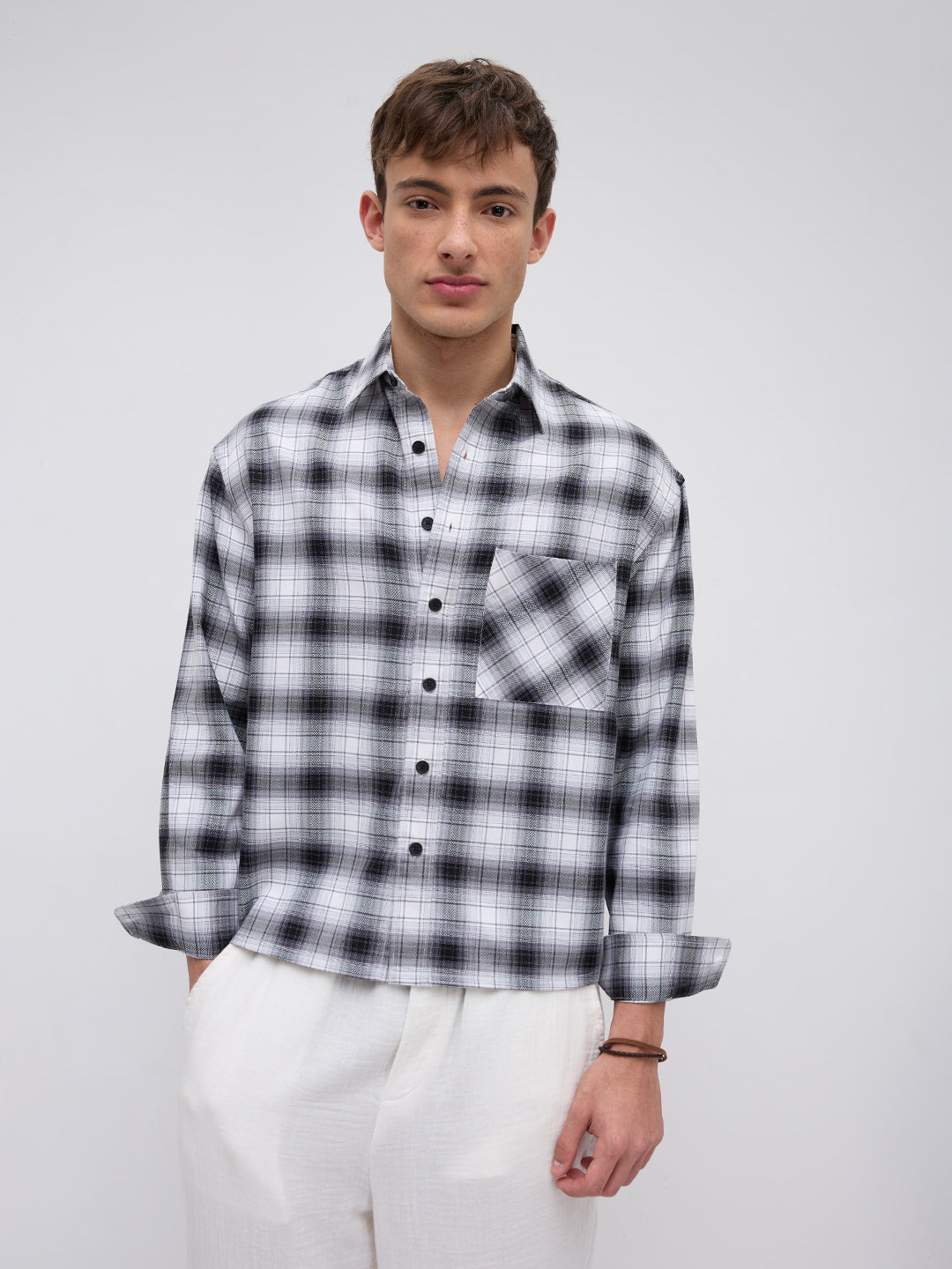 Black & White Tartanique Checked Boxy Fit Crop Shirt