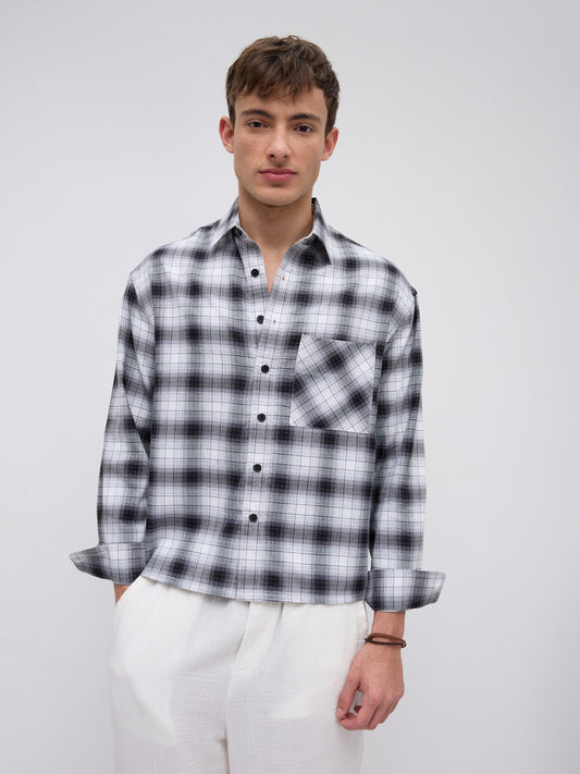Black & White Tartanique Checked Boxy Fit Crop Shirt