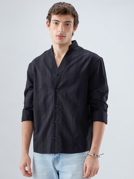 Black Panel Textured Stand Collar Oversized Shirt