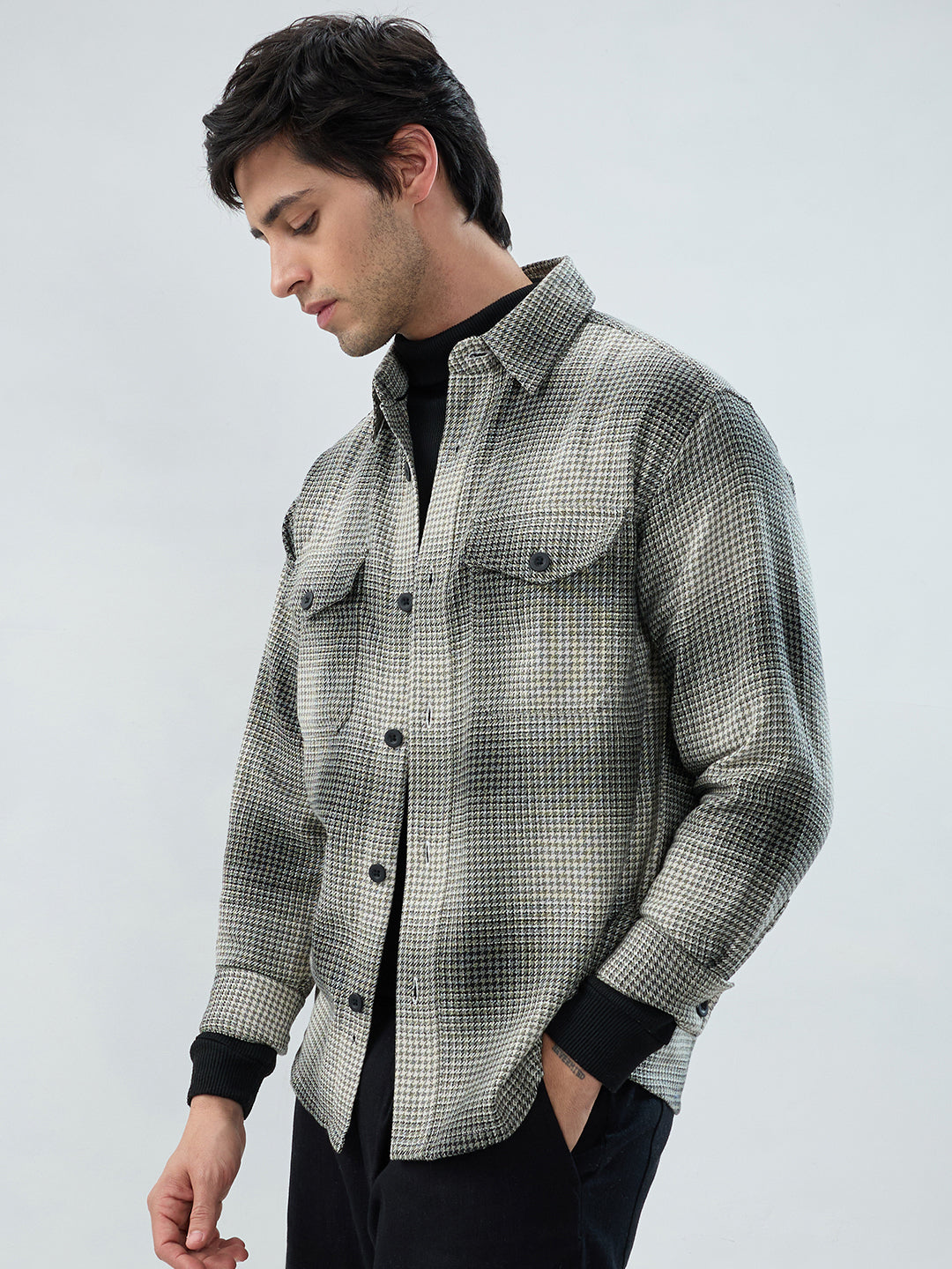 Olive & Black Houndstooth Checks Double Pocket Flannel Shirt