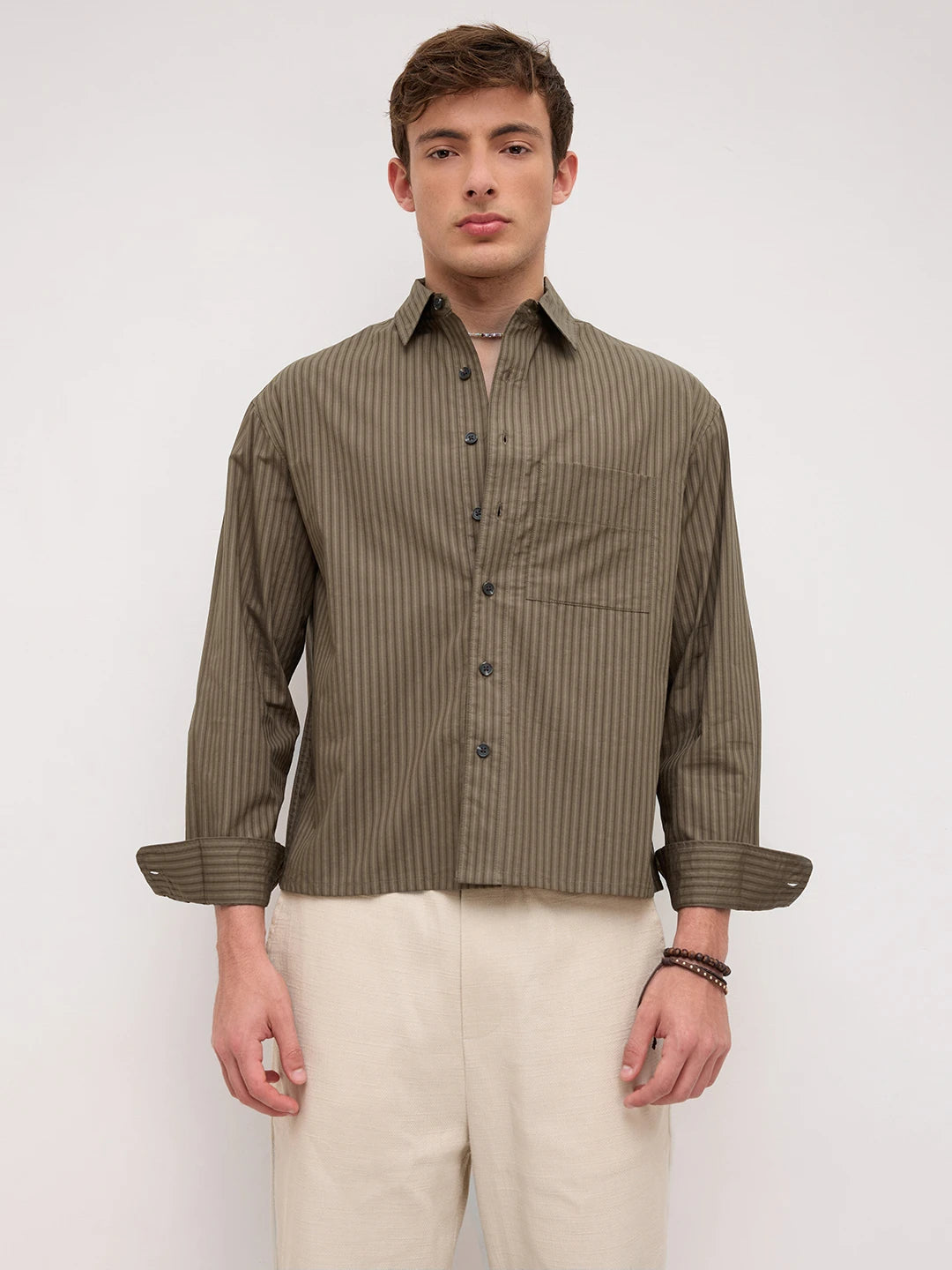 Olive Sheer Striped Boxy Fit Crop Shirt