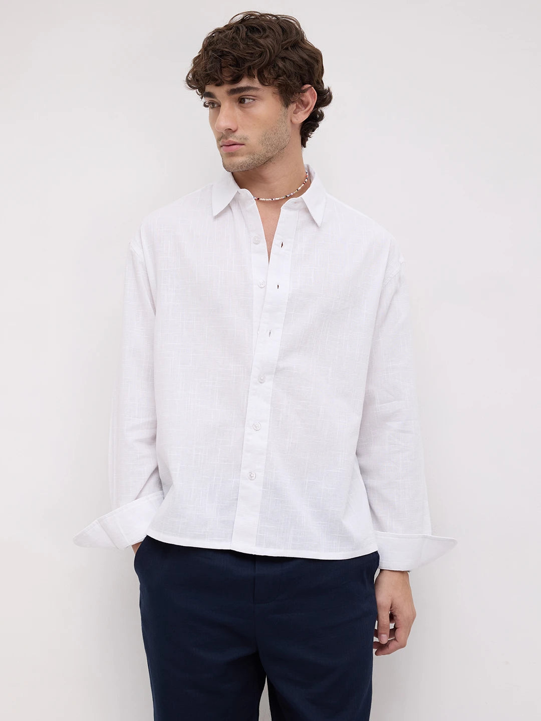 Sheer Snow White Micro Textured Boxy Fit Crop Shirt