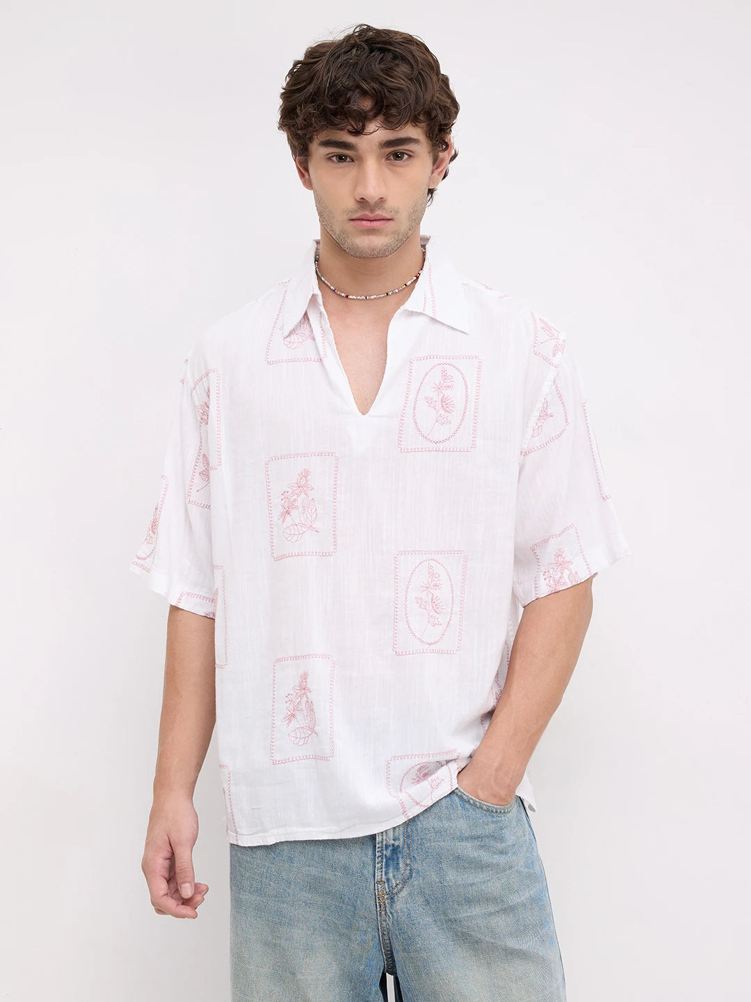 Old Rose Pink Florèal Frame Embroidery Polo Oversized Shirt