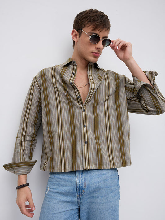 Khaki Multi Stripe Flow Boxy Fir Crop Shirt