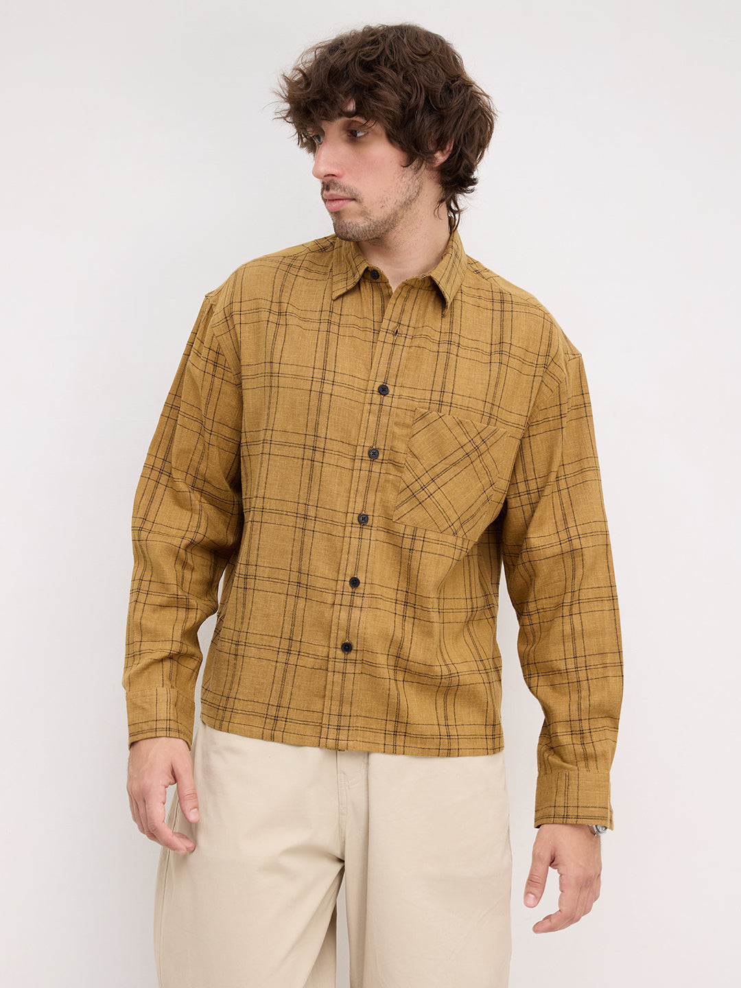 Khaki Contrast Windowpane Checks Boxy Fit Crop Shirt