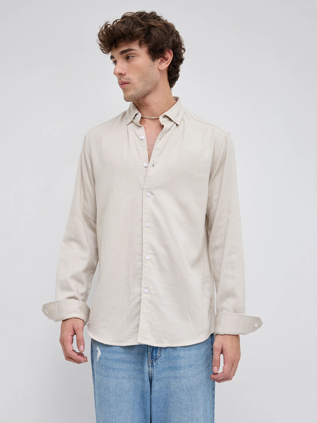 Creamy Beige Herringbone Textured Button-Down Shirt