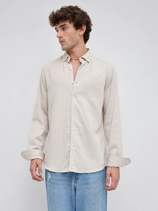 Creamy Beige Herringbone Textured Button-Down Shirt