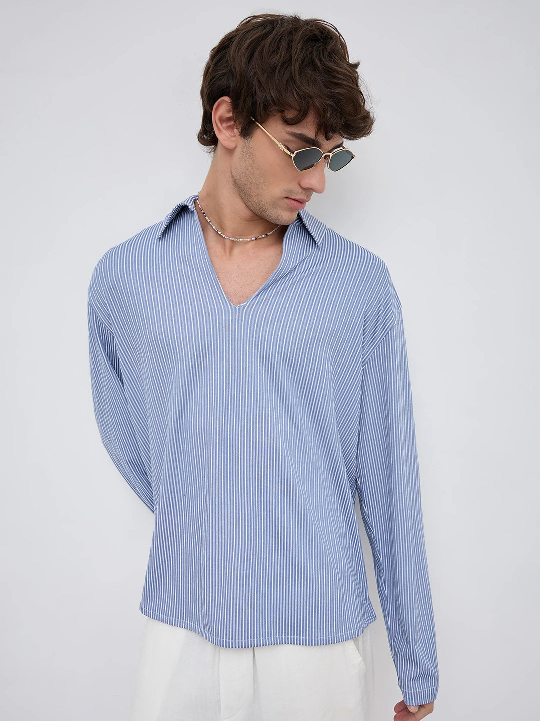 Classic Slate Blue Rib Striped Oversized Polo Shirt