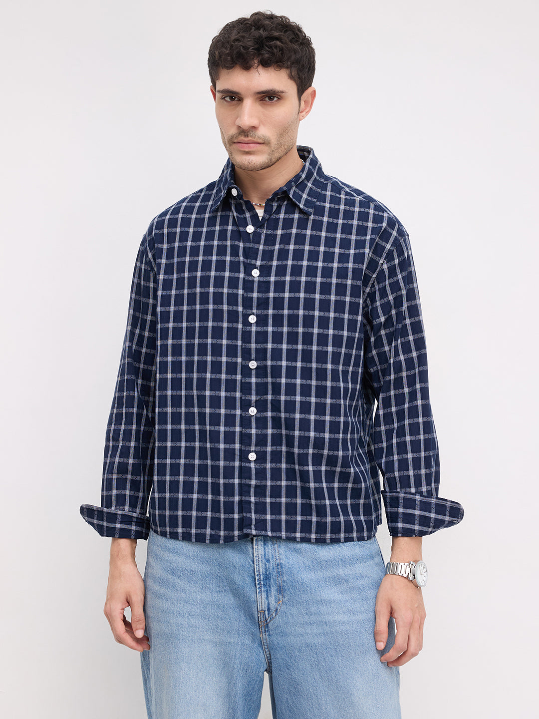 Elevated Navy Heathered Checks Boxy Fit Crop Shirt