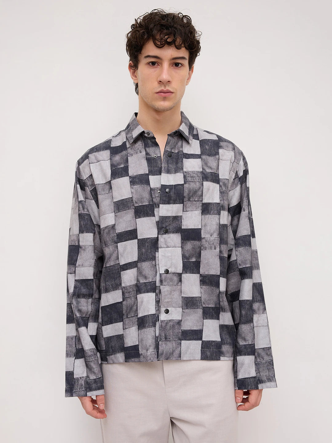 Graphite Grey Abstract Printed Cuffless Oversized Shirt