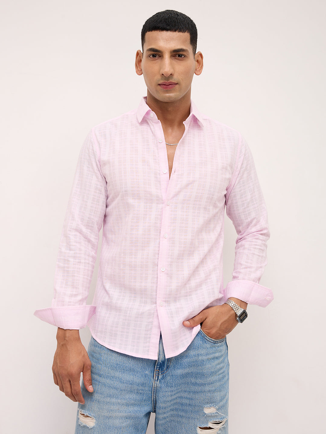 Soft Blush Pink Sheer Windowpane Checks Textured  Weave Shirt