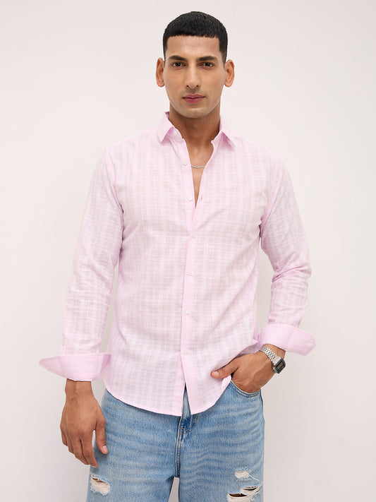 Soft Blush Pink Sheer Windowpane Checks Textured  Weave Shirt