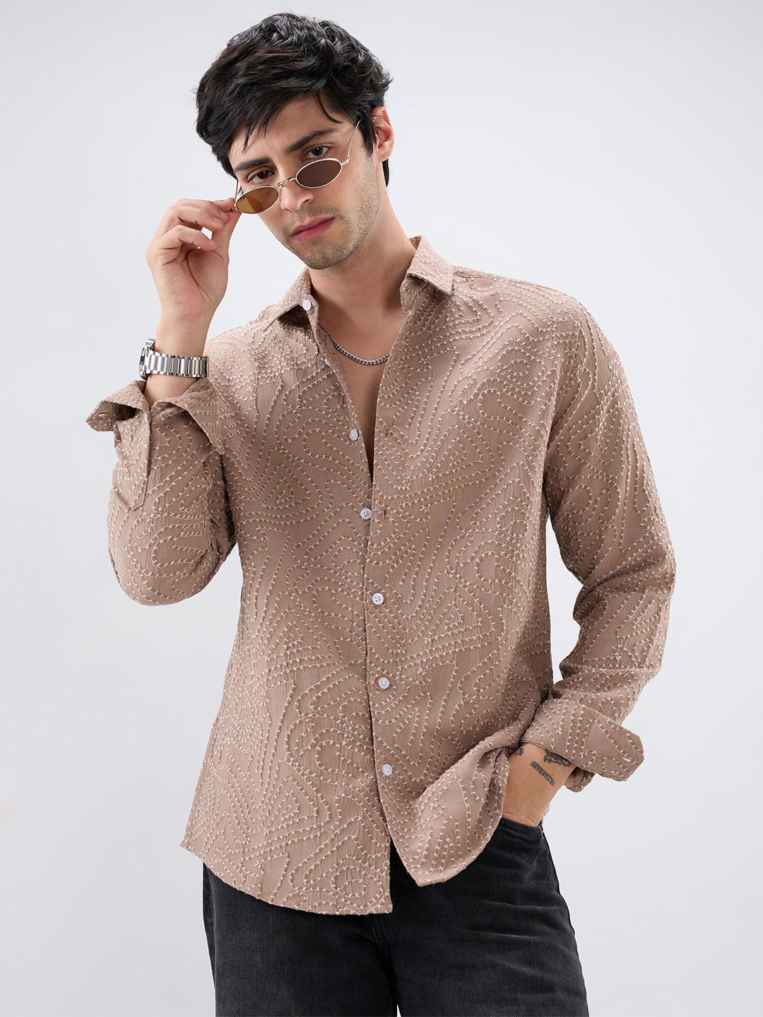 Intricate Dessert Brown Thread Flow Raised Stitch Shirt