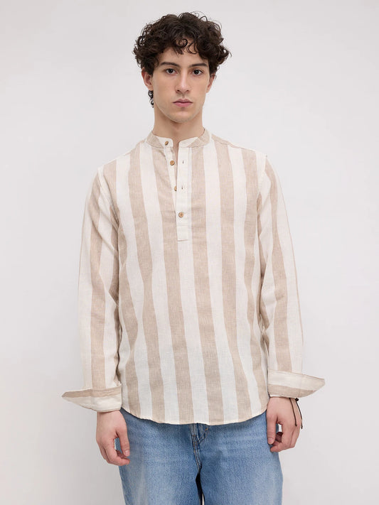 Beige & Ivory Striped Jacquard Kurta