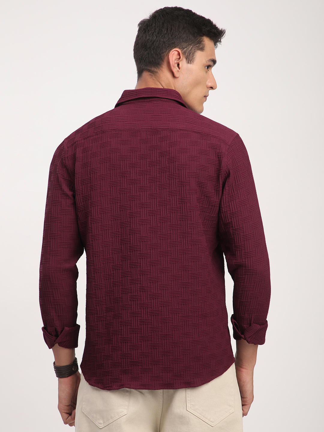 Wine Self Design Textured Shirt